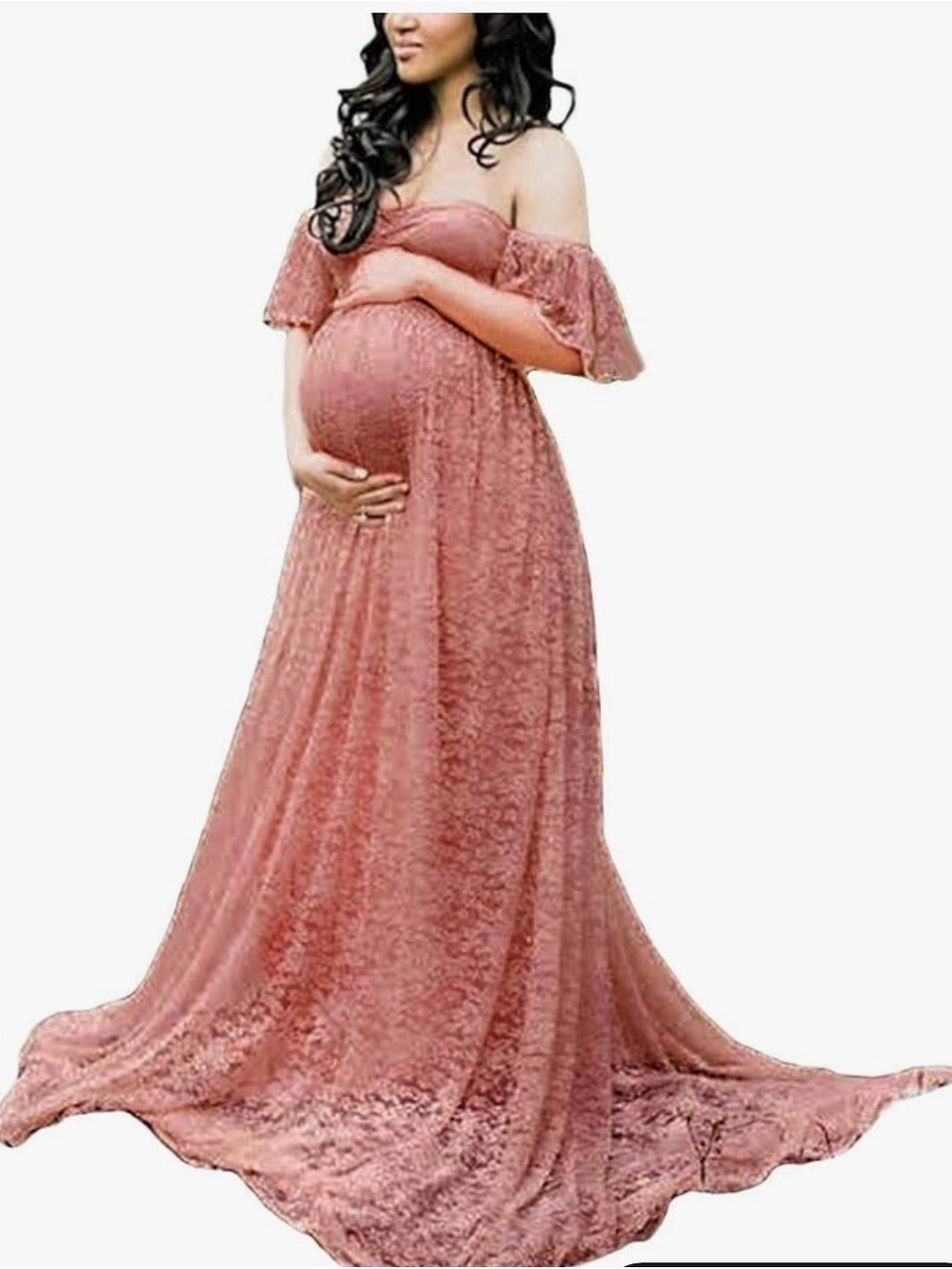 Off-Shoulder Rose Maternity Lace Gown